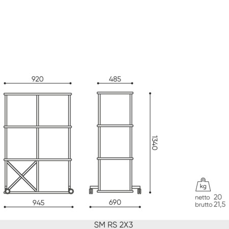 Plan dimensions étagère Saar SM RS 2x3 sur roulettes, hauteur 1340 mm.