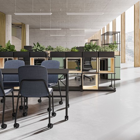 Étagère Saar modulable servant de desserte de documents à Genève.