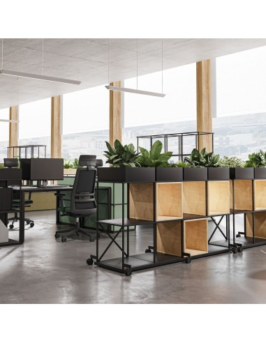 Rangement mobile Saar utilisé comme séparation d’espace dans un coworking à Lausanne.