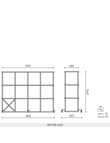Dimensions étagère sur roulettes Saar SM RS 4x3  1815 x 690 x 1340 mm.