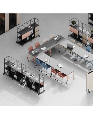 Étagère sur roulettes en acier Saar pour structure un espace de coworking en Suisse.
