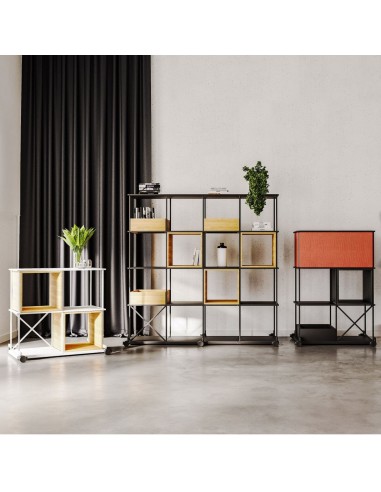 Bibliothèque mobile Saar sur roulettes utilisée en open space à Lausanne.