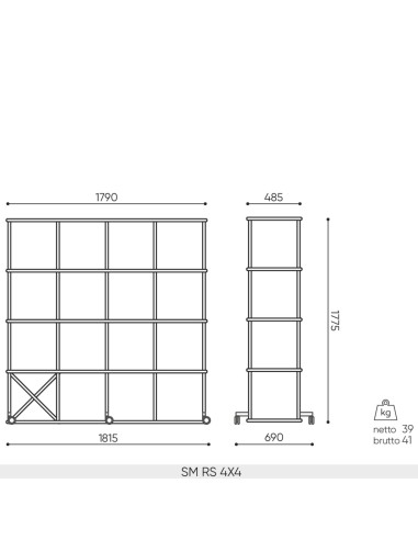 Schéma dimensions bibliothèque Saar SM RS 4x4, largeur 1815 mm et hauteur 1775 mm.