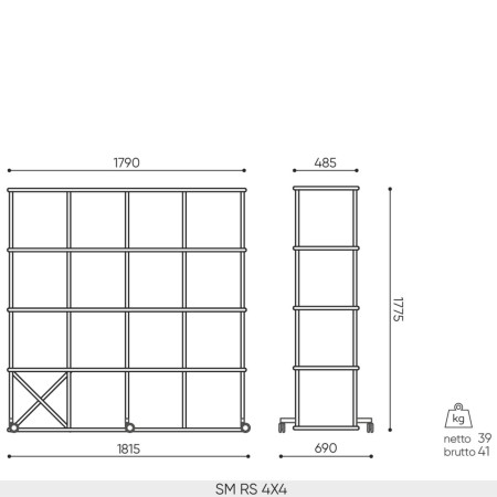 Schéma dimensions bibliothèque Saar SM RS 4x4, largeur 1815 mm et hauteur 1775 mm.