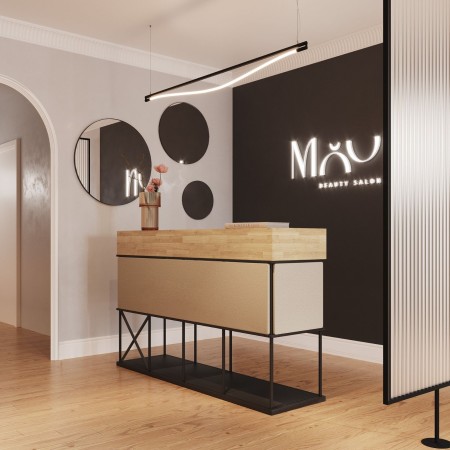 Comptoir Saar SM CT 4 installé dans un hall d’accueil d’entreprise à Genève.