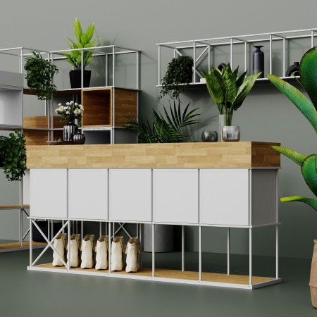 Comptoir d’accueil Saar SM CT 5 dans un espace boutique à Lausanne.