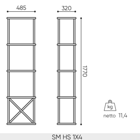 Dimensions étagère murale Saar Hang SM HS 1x4 – largeur 483 mm profondeur 320 mm hauteur 1755 mm
