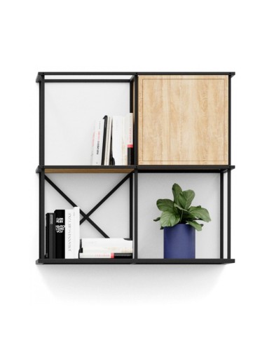 Étagère murale en acier Saar Hang 2x2 avec module décoratif bois.