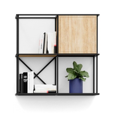 Étagère murale en acier Saar Hang 2x2 avec module décoratif bois.