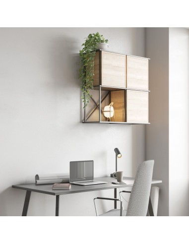 Étagère murale pour bureau en acier style industriel avec caisses de rangement en bois à Genève.