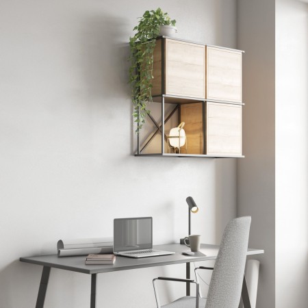 Étagère murale pour bureau en acier style industriel avec caisses de rangement en bois à Genève.