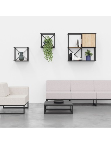 Étagère murale pour espaces d'attente en entreprise design industrielle et minimaliste en acier noir bois.