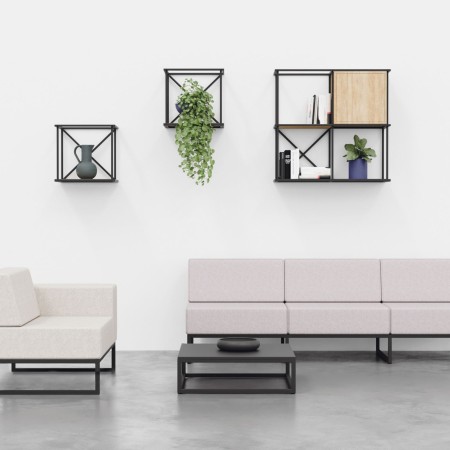 Étagère murale pour espaces d'attente en entreprise design industrielle et minimaliste en acier noir bois.