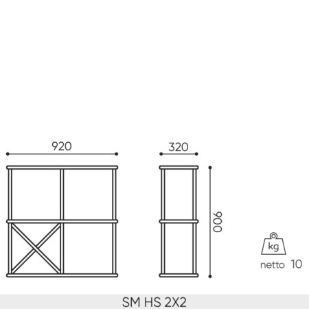 Schéma des dimensions de l’étagère murale Saar Hang 2x2.