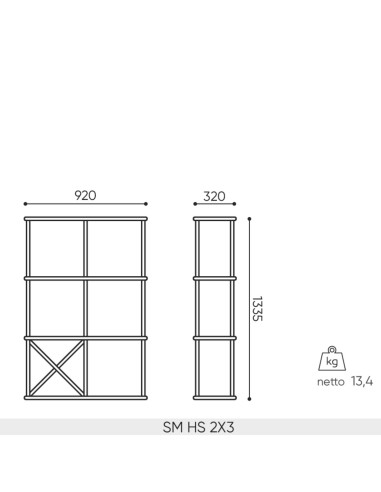 Schéma des dimensions de l’étagère murale Saar Hang 2x3.