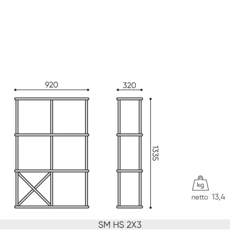 Schéma des dimensions de l’étagère murale Saar Hang 2x3.