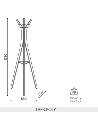 Schéma des dimensions du porte-manteau TRESPOLY.