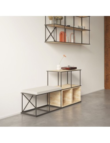 Meuble banc modulaire en acier et bois dans un bureau à Genève.