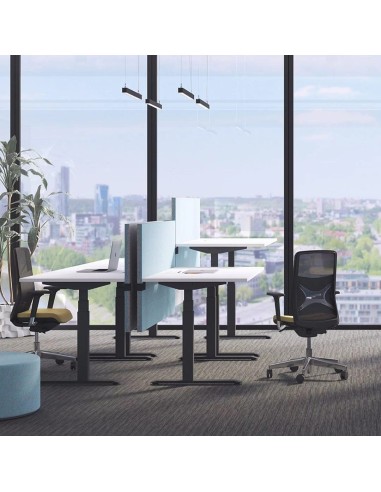 Bureaux assis-debout avec cloisons bleues pour salle de travail partagé à Zürich.