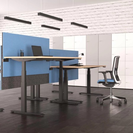 Bureaux réglables en hauteur avec cloisons bleues en open space moderne à Berne.