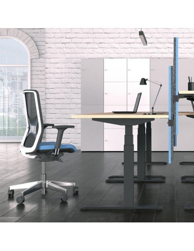 Poste de travail assis-debout avec chaise ergonomique et cloison bleue en espace de travail professionnel.