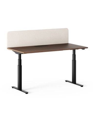 Bureau réglable en hauteur avec cloison tissu et plateau bois foncé modèle Q-Active.