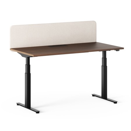 Bureau réglable en hauteur avec cloison tissu et plateau bois foncé modèle Q-Active.