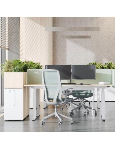 Bureaux Q-ACTIVE avec cloisons vertes, chaises D-CHAIR et rangements BOXI à Monthey.