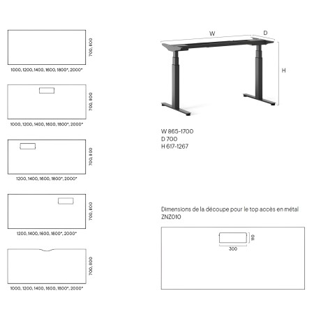 Dimensions bureau assis debout électrique avec découpes top accès Q-Active.