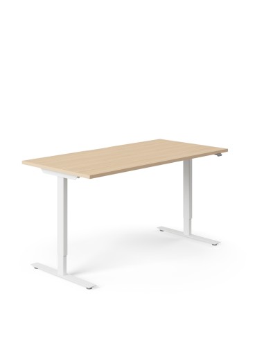 Bureau assis-debout bois clair avec piètement blanc ergonomique et réglable en hauteur EASY.
