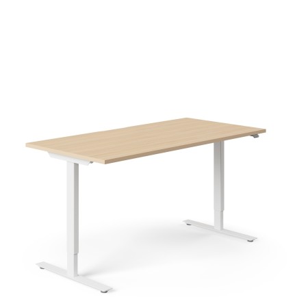 Bureau assis-debout bois clair avec piètement blanc ergonomique et réglable en hauteur EASY.