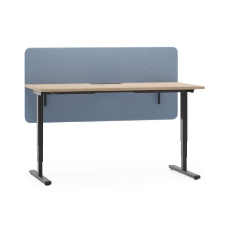 Bureau assis-debout électrique EASY avec plateau bois et écran acoustique bleu.