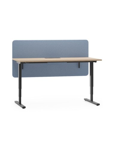 Bureau assis-debout électrique EASY avec plateau bois et écran acoustique bleu.