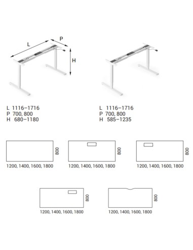 Dimensions du bureau réglable en hauteur EASY.