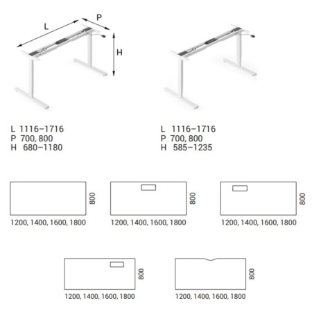 Dimensions du bureau réglable en hauteur EASY.