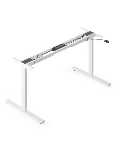 Structure de bureau assis-debout électrique blanc avec moteur intégré et commande filaire.