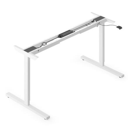 Structure de bureau assis-debout électrique blanc avec moteur intégré et commande filaire.