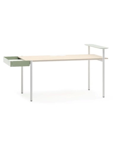 Bureau design ZEDO avec tiroir vert et étagère latérale intégrée.