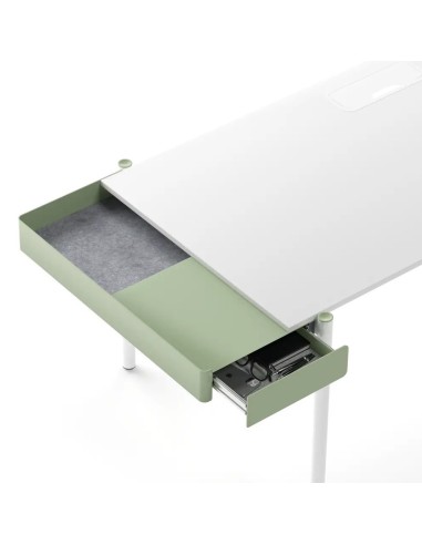 Bureau ZEDO avec plateau blanc et tiroir de rangement vert intégré.