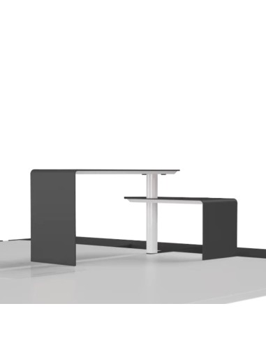 Bureau ZEDO avec plateau bois, piètement métal et tablettes surélevées.