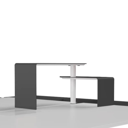 Bureau ZEDO avec plateau bois, piètement métal et tablettes surélevées.