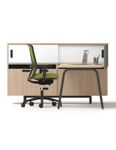 Bureau bois clair avec caisson, chaise verte minimaliste ROUND