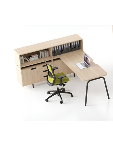 Bureau d’angle bois clair avec étagère, chaise verte épuré ROUND
