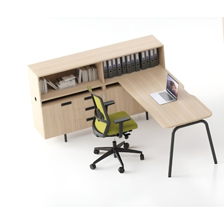Bureau d’angle bois clair avec étagère, chaise verte épuré ROUND
