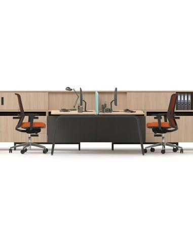 Bureaux partagés avec rangements bois et chaises de bureau orange ergonomiques ROUND