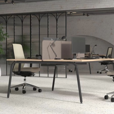 Bench de bureau pour 2 postes en bois clair avec pieds métal blanc ROUND 2