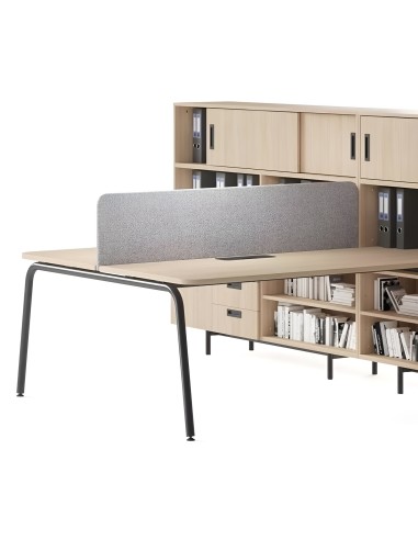 Bureau bench bois clair avec cloison grise et rangements intégrés ROUND.
