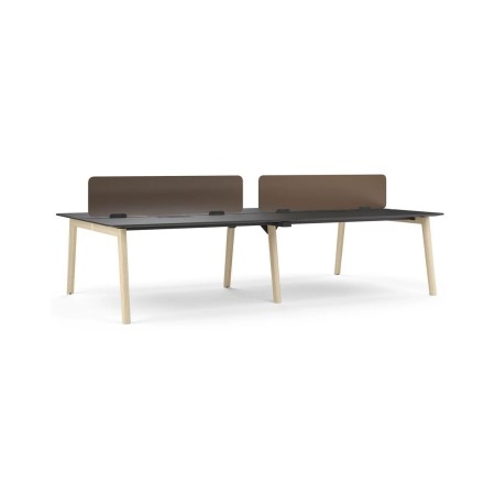 Bureau bench noir avec pieds en bois clair et écrans de séparation marron Nova Wood