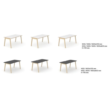 Bureaux avec pieds bois, plateaux noirs et blancs, plusieurs dimensions disponibles Nova Wood