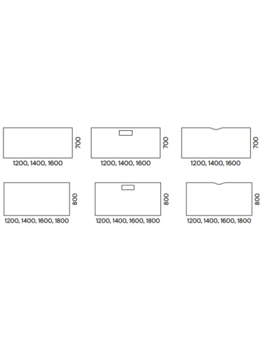 Dimensions et formes de plateau du bureau NOVA Wood à coins rectangulaires.